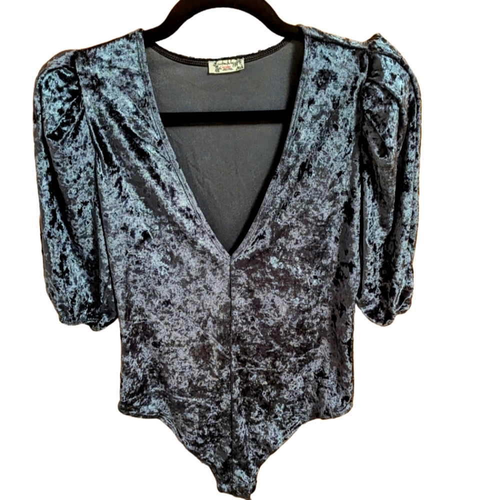 Free People 'Don’t You Wish' Velvet Bodysuit - Sunflower Seed (Slate Gray)